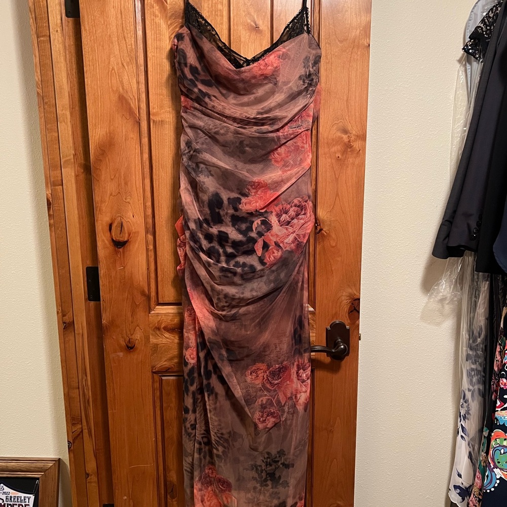 House of CB Floral Maxi Dress with Black and Pink Accents